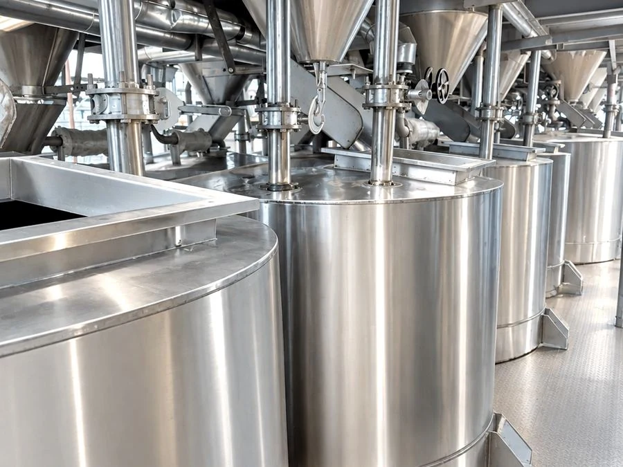 Stainless steel cold soaking tanks at Shree RadhaGovind rice mill